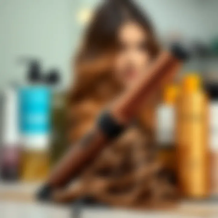 Stylish automatic hair wand placed among hair care products