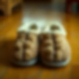 Cozy bear paw house slippers on a wooden floor