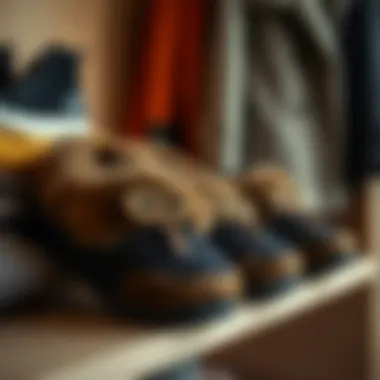 Bear paw slippers on a shelf next to contemporary fashion items