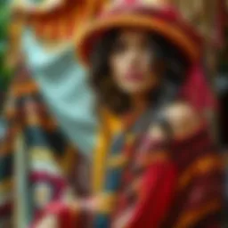 A vibrant bohemian outfit showcasing layered textures and rich patterns