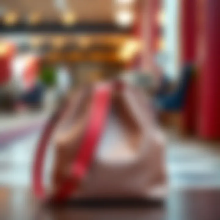 A stylish bucket bag featuring a vibrant guitar strap on a chic backdrop