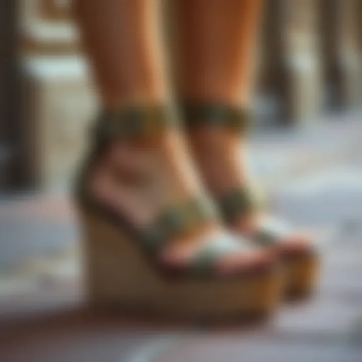 Elegant close-up of buckle wedge sandals showcasing intricate design details.