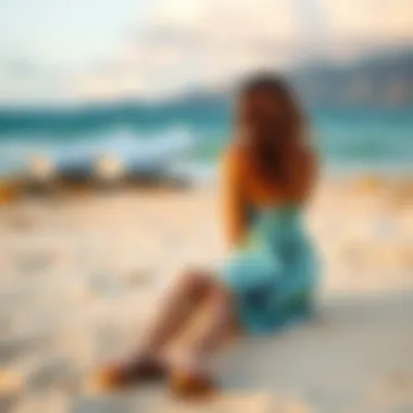 Beach-ready sundress with sandals on sandy shore