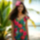 Vibrant floral print casual dress in a tropical setting