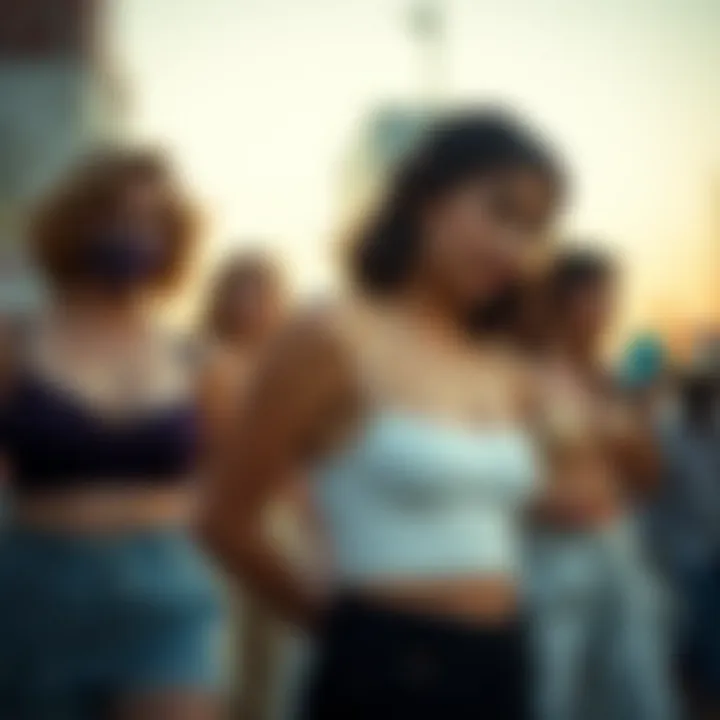 Cultural Evolution of Crop Tops An artistic representation showing the cultural significance of crop tops across different eras and styles