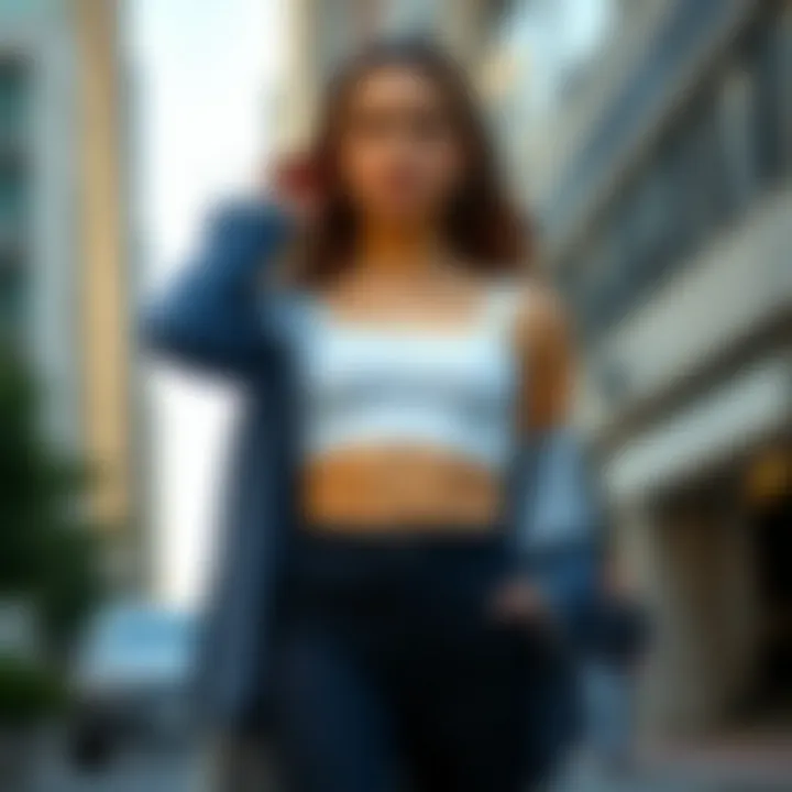 Crop Tops in Modern Street Style A fashionable individual confidently wearing a crop top paired with high-waisted bottoms in an urban setting