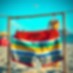 Stylish teenage swimming trunks displayed on a beach
