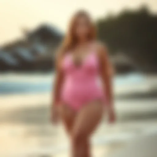Elegant Pink Bathing Suit on the Beach Elegant pink plus size bathing suit displayed on a beach