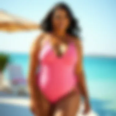 Stylish Swimsuit with Varied Materials Stylish pink plus size swimsuit showcasing different materials