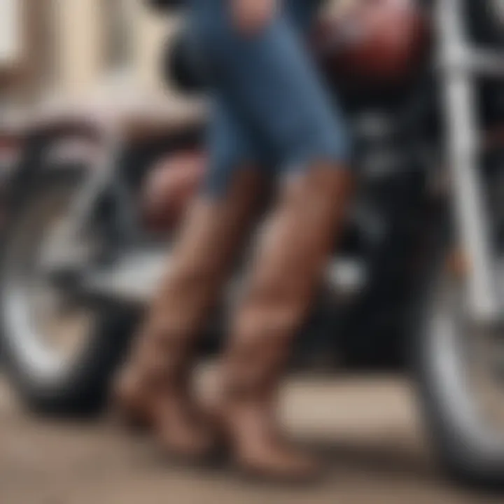 A rider showcasing cowboy boots while on a motorcycle.