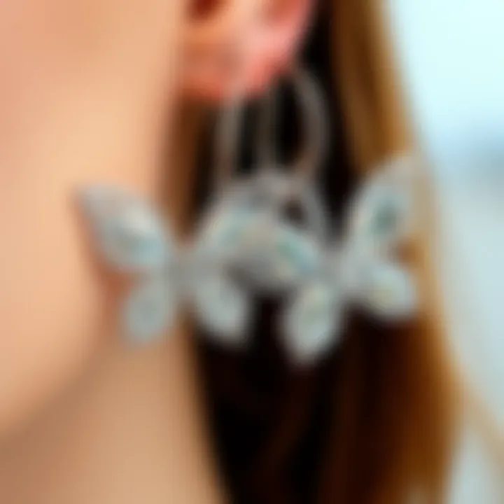 A close-up view of cubic zirconia butterfly earrings showcasing their sparkle and intricate design