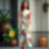 Elegant mid-length dress in a vibrant floral pattern, perfect for summer gatherings.