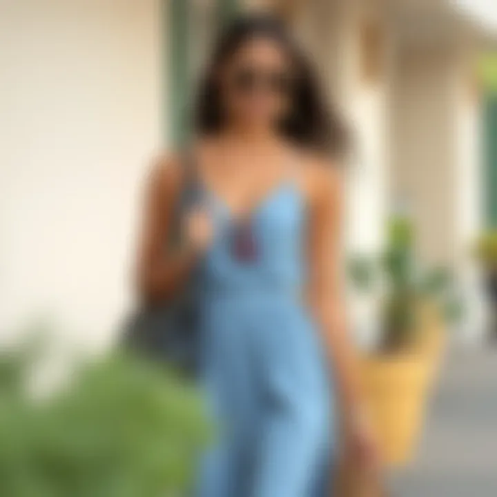 Trendy mid-length dress styled with accessories for a chic summer look.