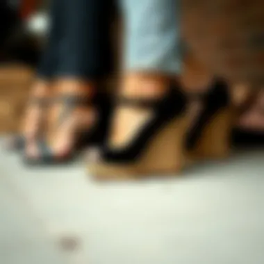 A diverse range of black wedge heels showcasing styles