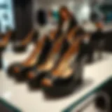 Elegant black wedge heels on a stylish display