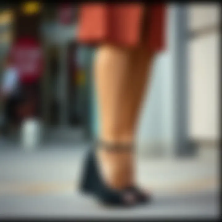 A fashionable outfit complemented by black wedge heels