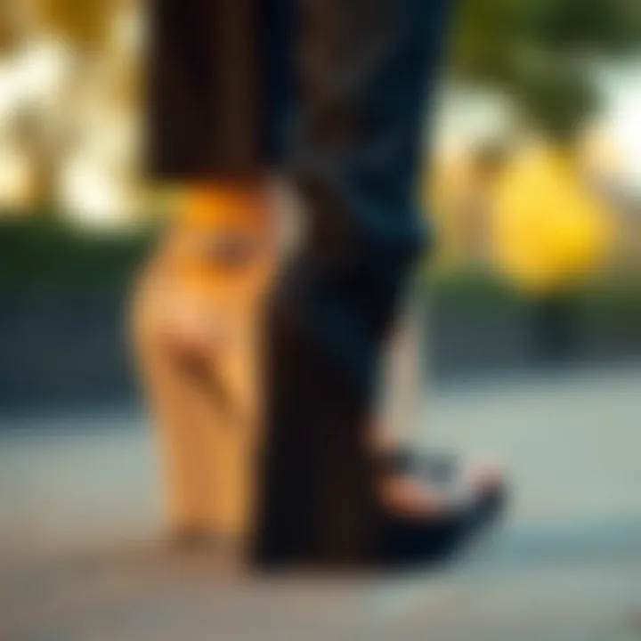 Close-up of the texture and material of black wedge heels