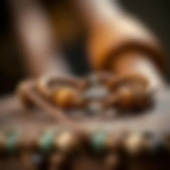 Handcrafted African Bracelet Highlighting Natural Materials A close-up view of a handcrafted bracelet made from natural materials like wood and leather, highlighting craftsmanship
