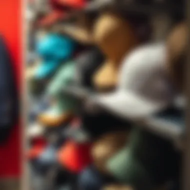 Variety of baseball caps organized neatly on a rack