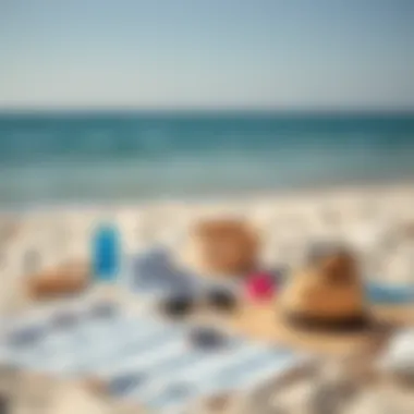 An organized beach setup featuring an anti-sand beach mat with beach accessories.