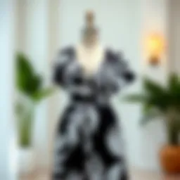 Elegant black and white tropical dress draped on a mannequin