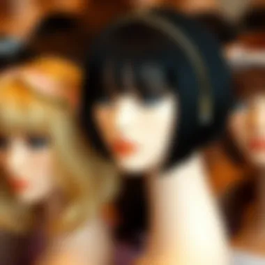 Close-up of various bob headband wig styles displayed