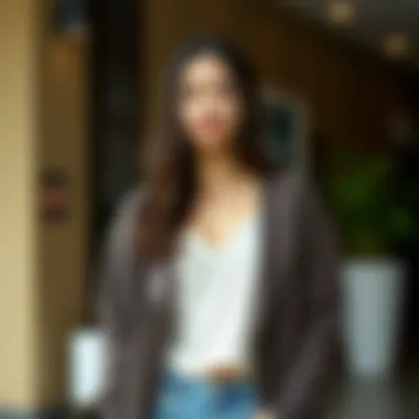 Fashionable layering with cardigan and camisole in a casual setting