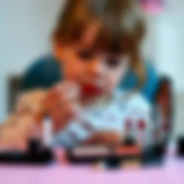 Child playing with a pretend makeup set, applying lipstick