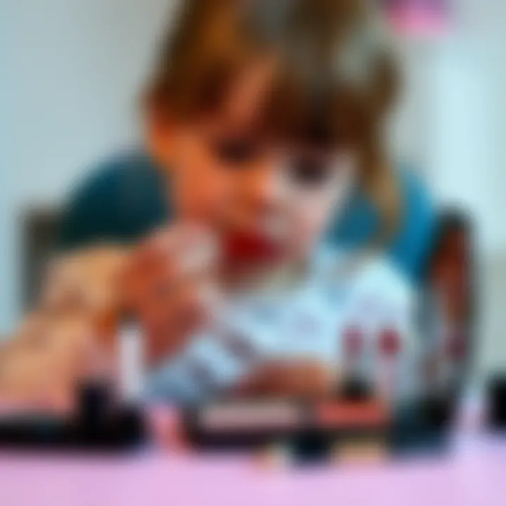 Child playing with a pretend makeup set, applying lipstick