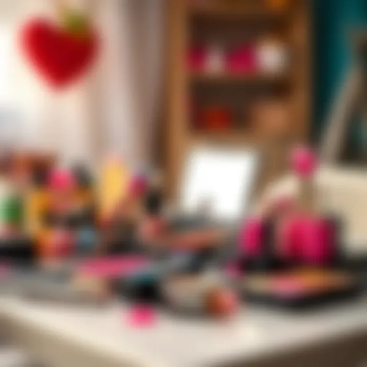 Colorful pretend makeup set arranged on a table