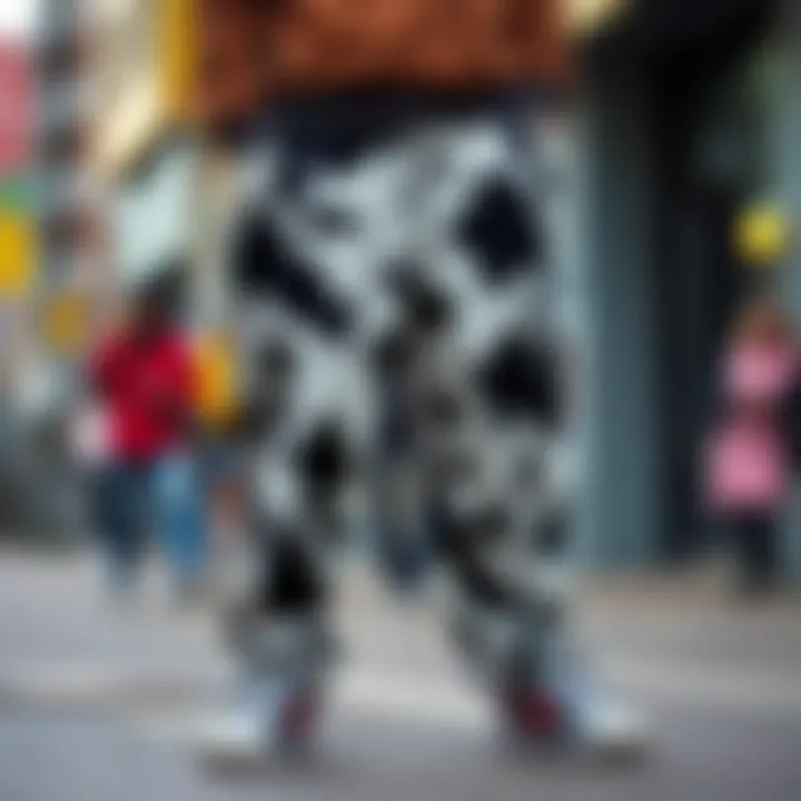 Cultural influences depicted through cow sweatpants in a vibrant street style context