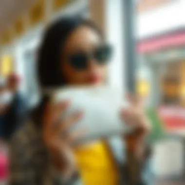 Trendy Showcase Fashion-forward individual showcasing the white checkered makeup bag in a trendy setting