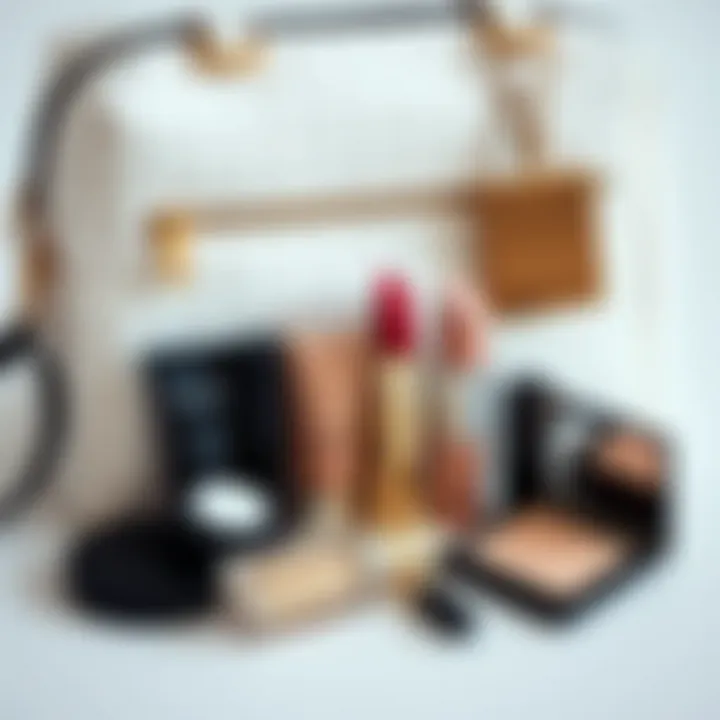 Chic Accessories Stylish arrangement of makeup products beside a white checkered bag