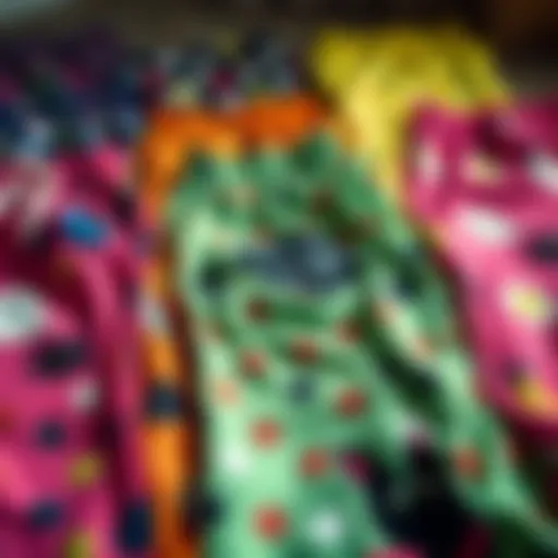 Colorful collection of funny pajama pants laid out