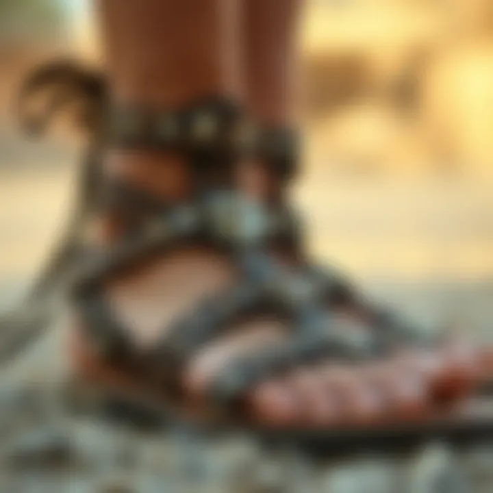 Close-up of intricate design elements on leopard gladiator sandals