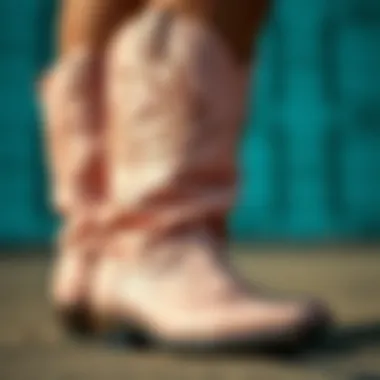 Close-up of intricate details on light pink cowboy boots