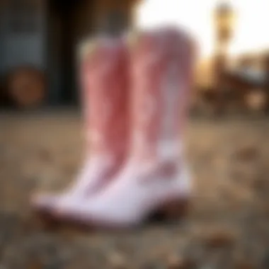 Elegant light pink cowboy boots showcased in a rustic setting