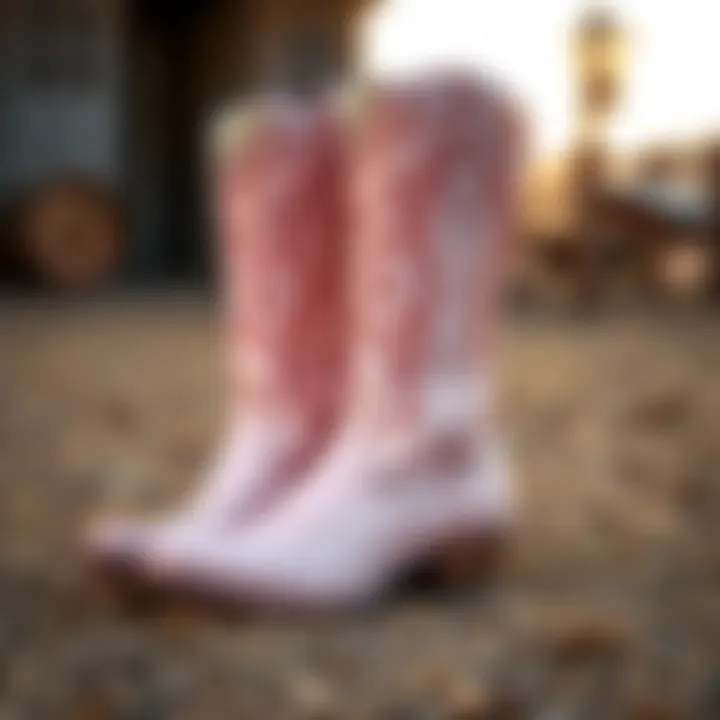 Elegant light pink cowboy boots showcased in a rustic setting