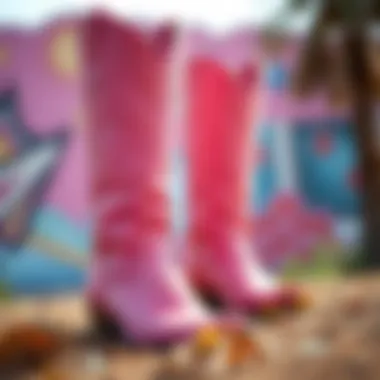 Light pink cowboy boots against a vibrant outdoor backdrop
