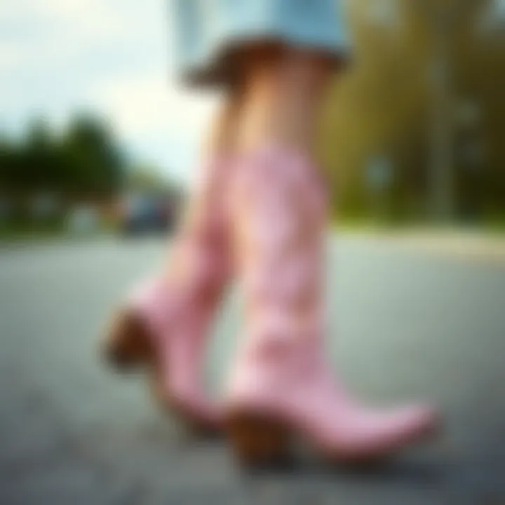 Fashionable outfit paired with light pink cowboy boots
