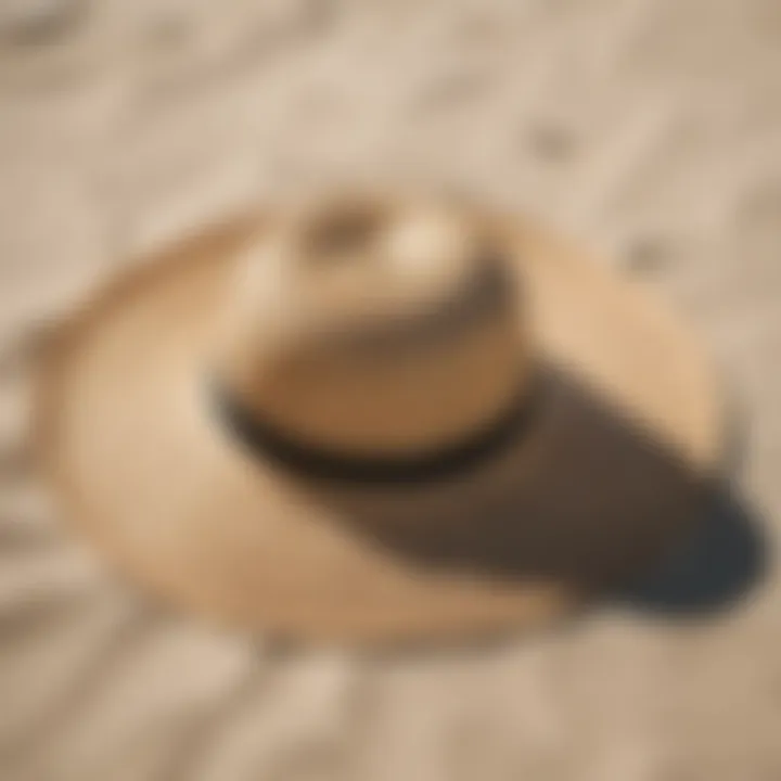 Stylish sunshade hat resting on a beach towel