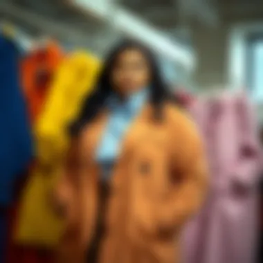Colorful plus-size trench coats displayed in a fashion collection