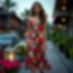 Elegant mid-calf summer dress in vibrant floral print