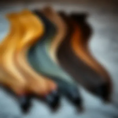 A Palette of Colors in Ombre Pre-Stretched Hair An arrangement of various shades of ombre pre-stretched hair extensions laid out on a stylish surface.