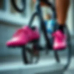 A pair of stylish pink cycling shoes on a bike