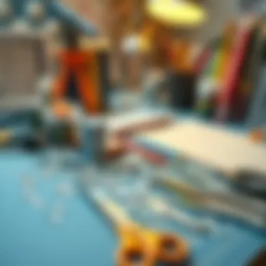 A creative workspace featuring tools and rhinestone elements