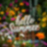 Charming rustic 'Hello Summer' wood sign against a vibrant garden backdrop