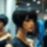 Elegant black pixie cut wig displayed on a mannequin with creative lighting.