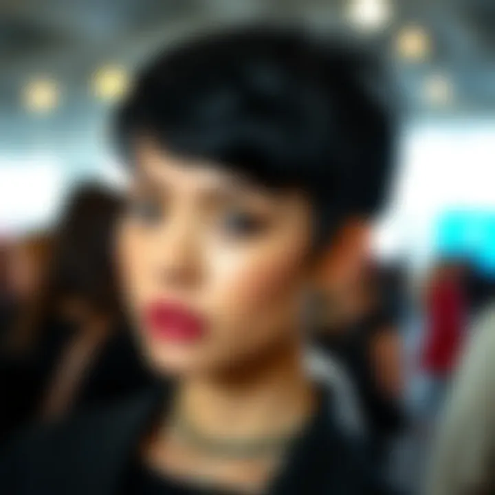 Trendsetting Look with Black Pixie Cut Wig Stylish individual showcasing a trendy black pixie cut wig at a fashion event.