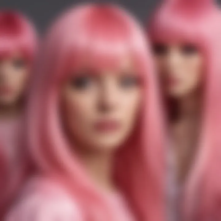 Fashion-forward individuals showcasing long pink wigs in various outfits